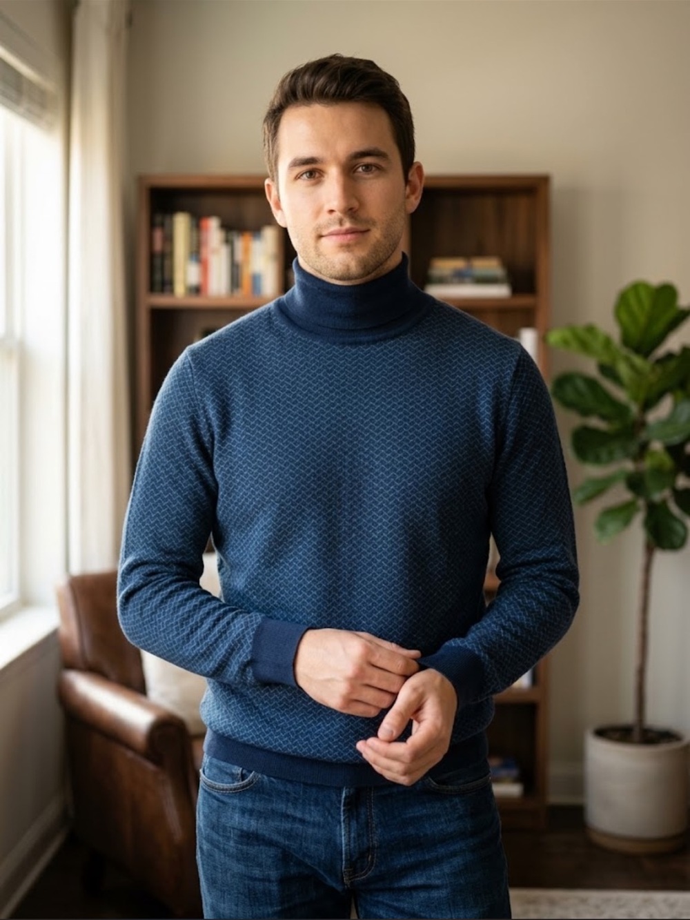 John Smedley Navy Wool Turtleneck Sweater Size L